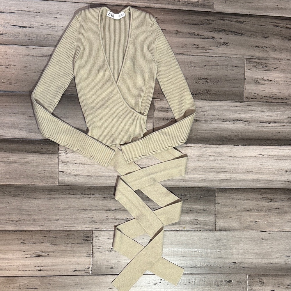 Zara Light Beige Ribbed Wrap V-Neck Sweater with Long Tie